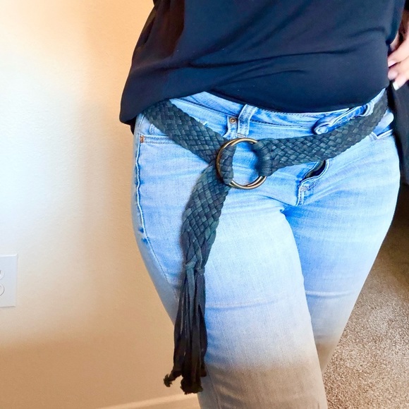 Handmade woven belt with tassle, black, coated cotton rope, size M main image 8